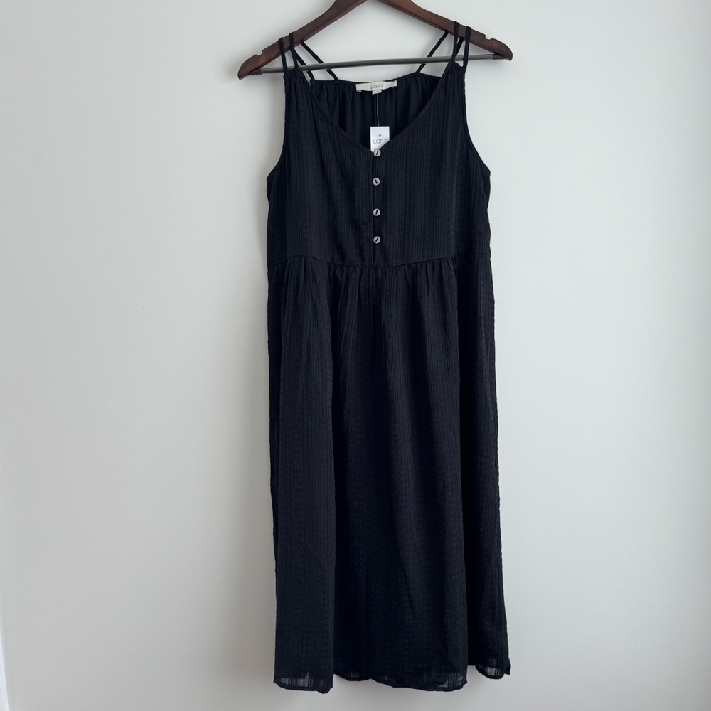 LOFT Midi Dress Womens Black Spaghetti Straps A Line Minimalist Casual